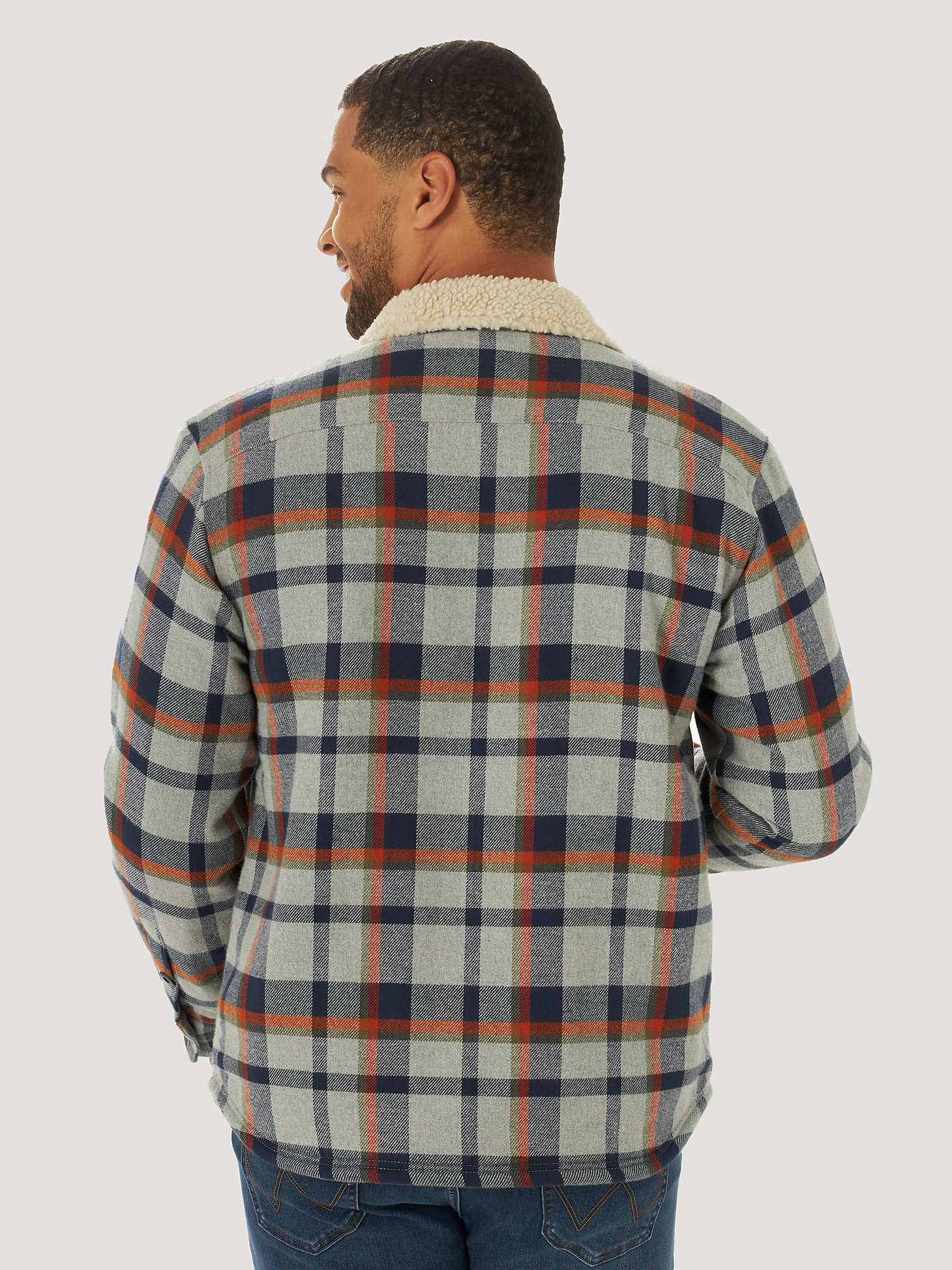Men's Wrangler® Sherpa Collar Plaid Shirt Jacket in Grey Plaid alternative view 1