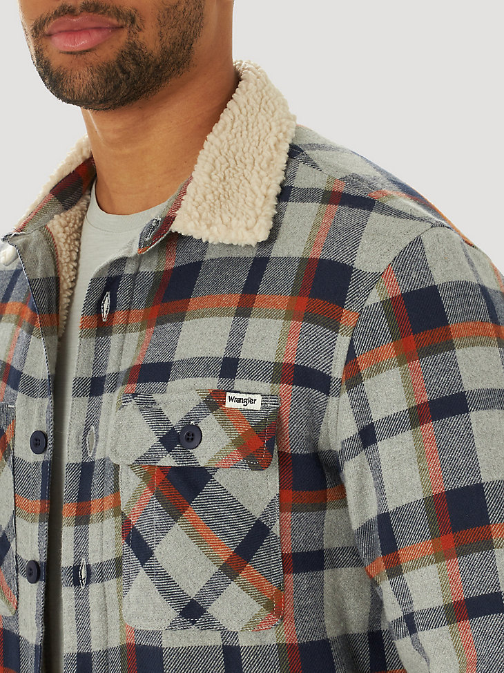 Men's Wrangler® Sherpa Collar Plaid Shirt Jacket in Grey Plaid alternative view 2