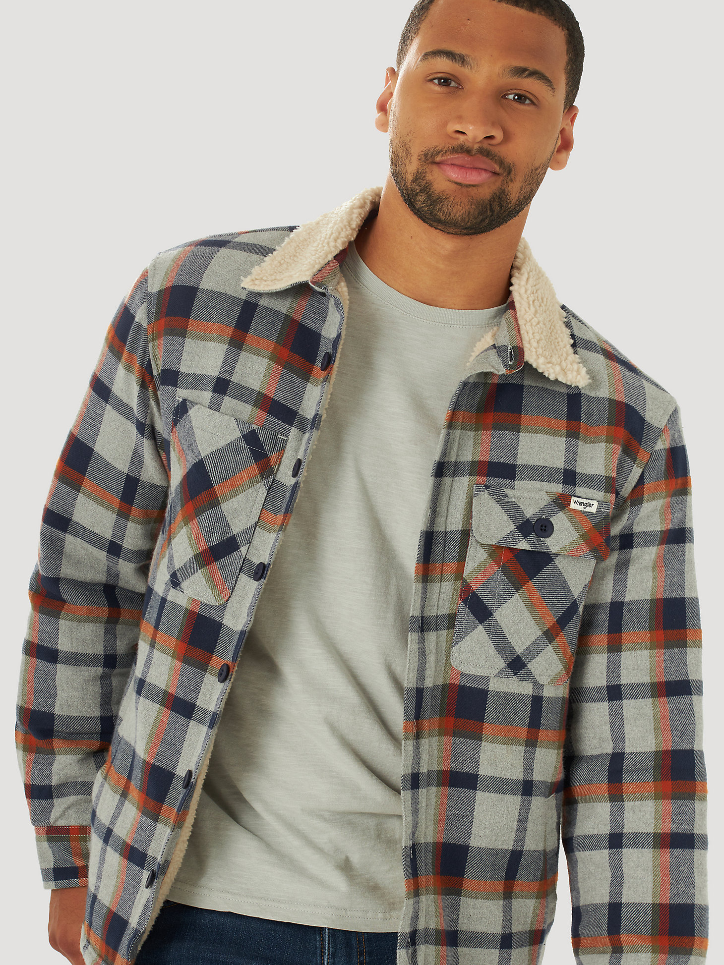 Men's Wrangler® Sherpa Collar Plaid Shirt Jacket in Grey Plaid alternative view 6