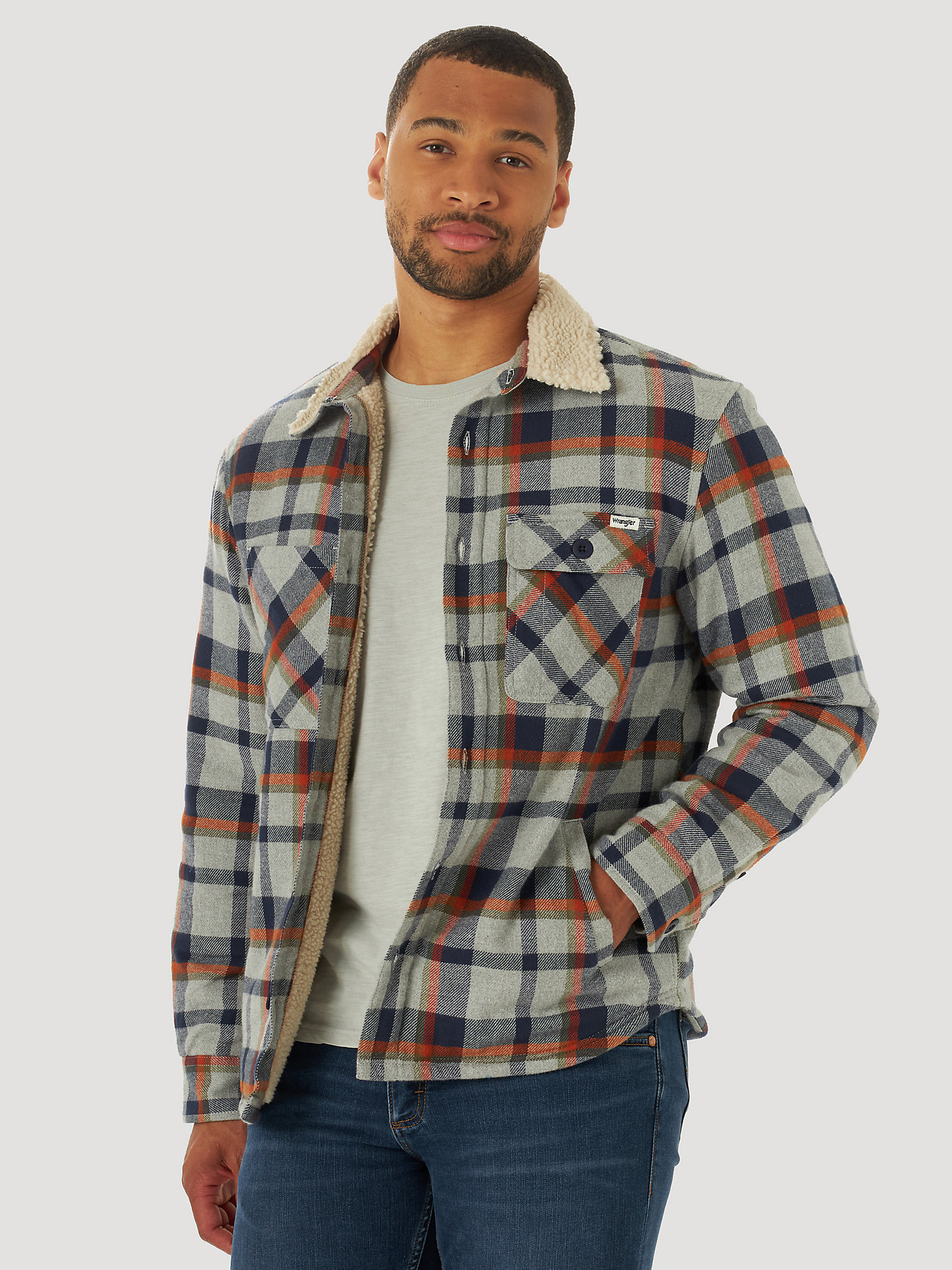 Men's Wrangler® Sherpa Collar Plaid Shirt Jacket in Grey Plaid main view