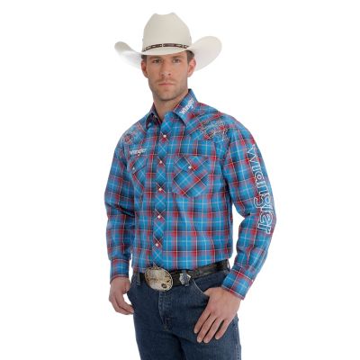 Men's Wrangler® Logo Long Sleeve Plaid Western Shirt | Mens Shirts by ...