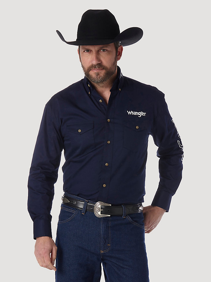 Men's Wrangler® Logo Long Sleeve Button Down Solid Shirt in Navy main view