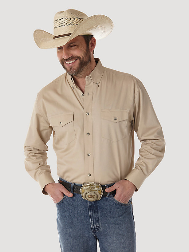 Painted Desert® Long Sleeve Button Down Lightweight Solid Twill Shirt in Tan