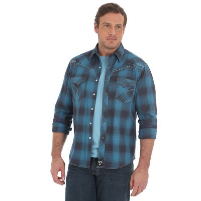 Men's Rock 47® by Wrangler® Embroidered Snap Contrast Trim Plaid Long