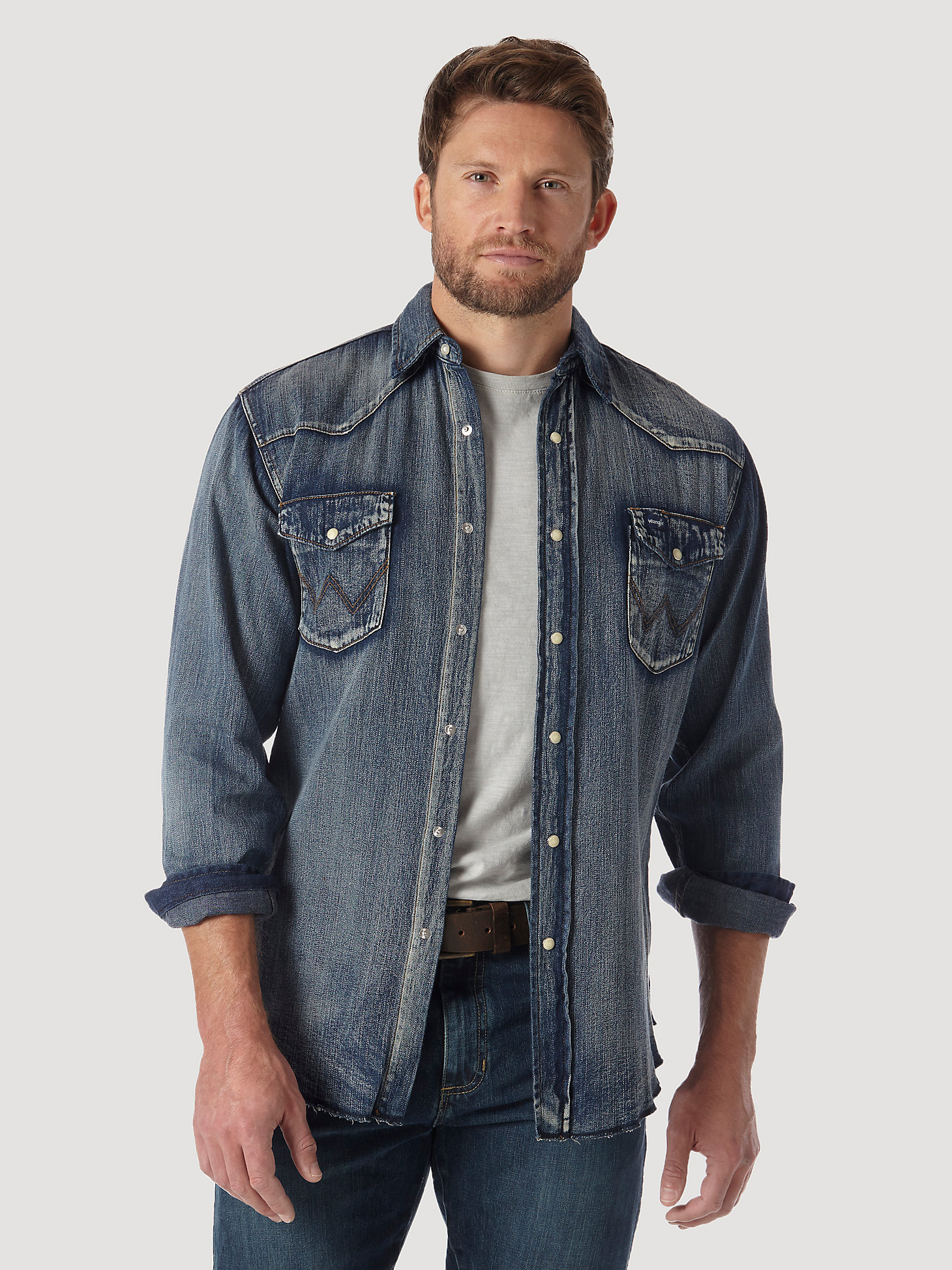 Cowboy Cut® Long Sleeve Western Denim Snap Work Shirt in Antique Blue main view
