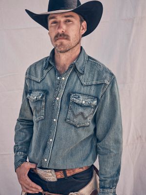 Wrangler Cowboy-Cut Work Basic Long-Sleeve Shirt for Men - Antique Blue