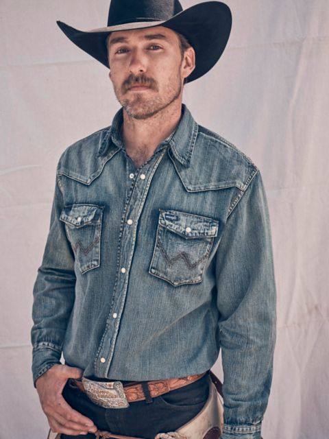 Мужские рубашки Wrangler Cowboy Cut® Long Sleeve Western Denim Snap Work Shirt