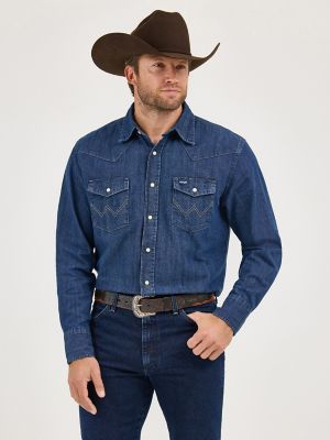 Wrangler Men's Cowboy Cut Blue Firm Finish Long Sleeve Western