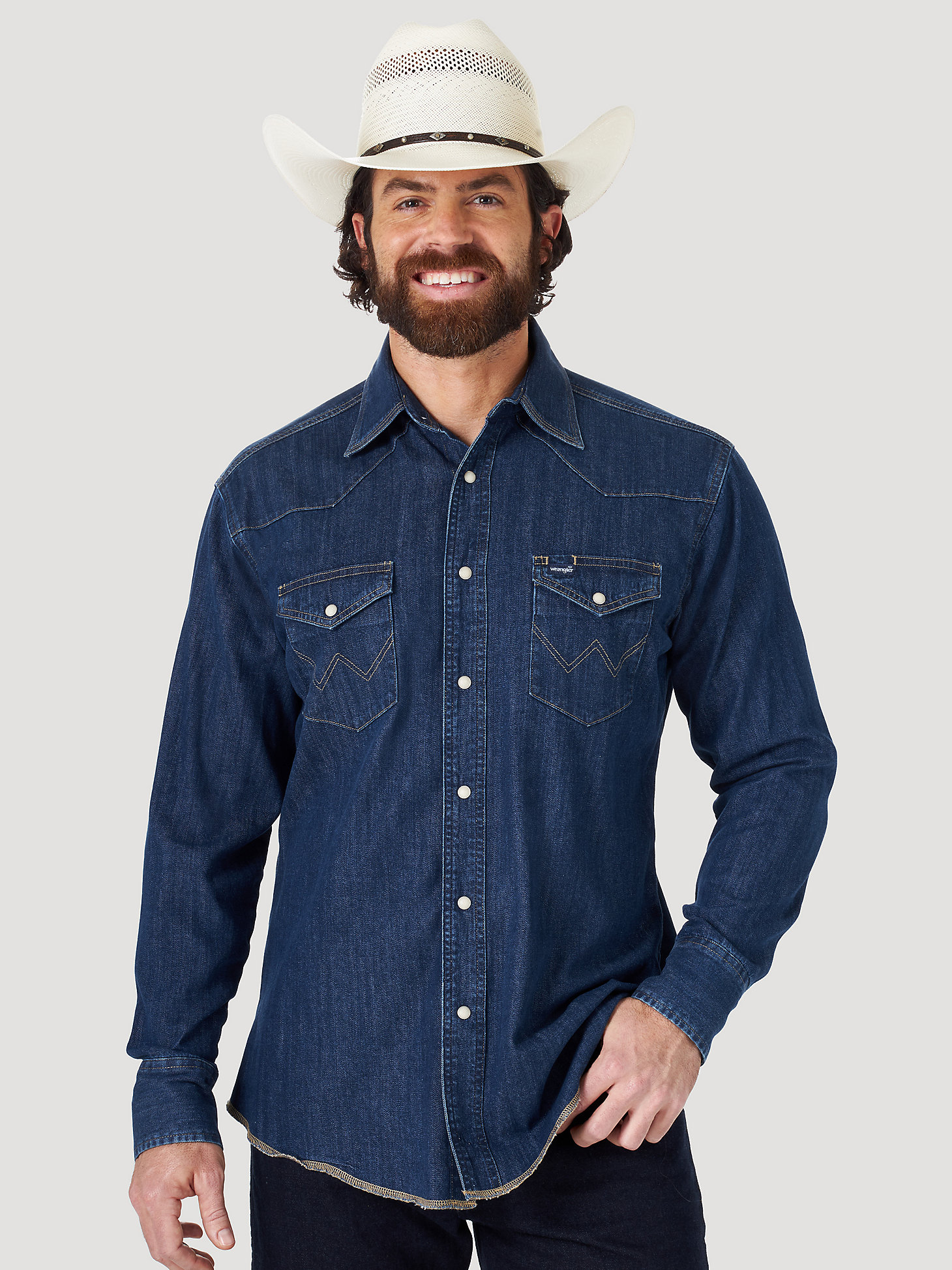 Cowboy Cut® Long Sleeve Western Denim Snap Work Shirt in Dark Denim main view