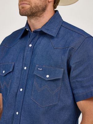 Men's Short Sleeve Western Denim Shirt in Medium Wash