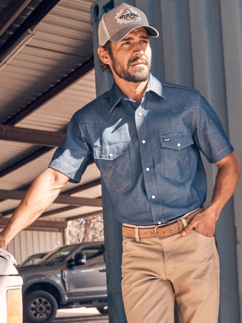 Мужские рубашки Wrangler Cowboy Cut® Firm Finish Denim Short Sleeve Work Western Shirt