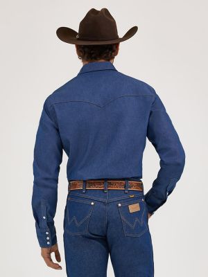 Cowboy Cut® Firm Finish Long Sleeve Western Snap Solid Work Shirt in Blue
