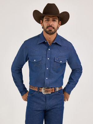 Cowboy Cut® Firm Finish Long Sleeve Western Snap Solid Work Shirt in Blue