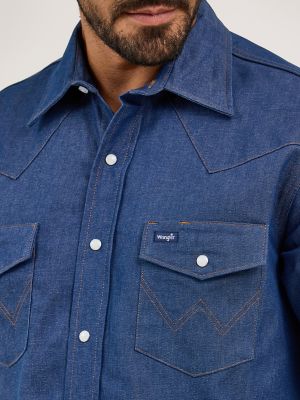 Cowboy Cut® Firm Finish Long Sleeve Western Snap Solid Work Shirt in Blue