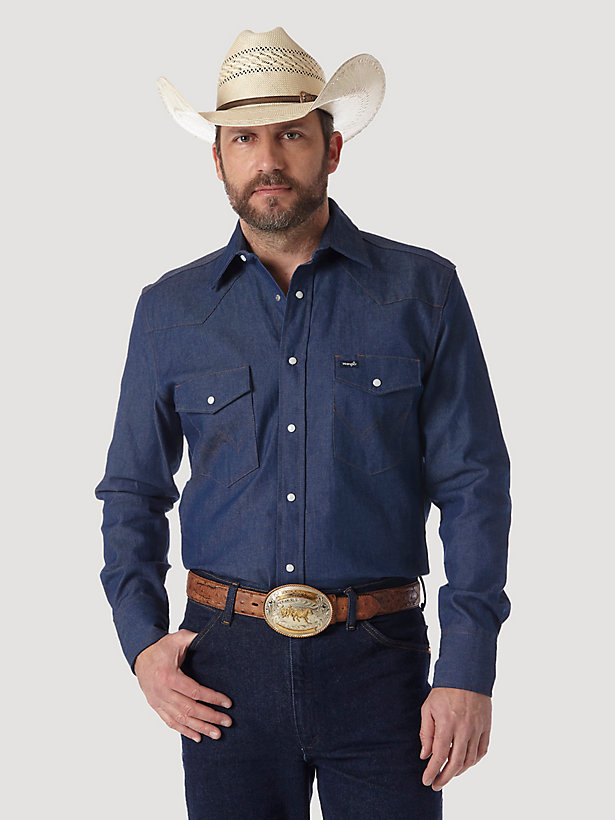 Cowboy Cut® Firm Finish Long Sleeve Western Snap Solid Work Shirt in Blue
