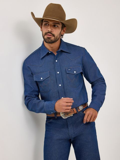 Мужские рубашки Wrangler Cowboy Cut® Firm Finish Denim Western Snap Work Shirt