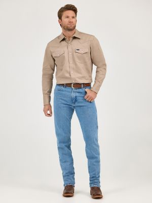 Cowboy Cut® Firm Finish Long Sleeve Western Snap Solid Work Shirt in Khaki alternative view