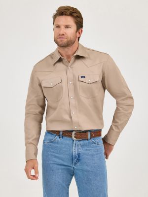 Cowboy Cut® Firm Finish Long Sleeve Western Snap Solid Work Shirt in Khaki alternative view 2