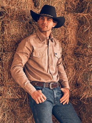 Cowboy Cut® Firm Finish Long Sleeve Western Snap Solid Work Shirt in Khaki