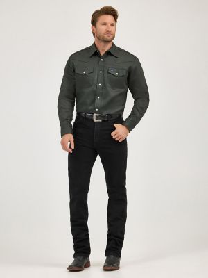 Cowboy Cut&reg; Firm Finish Long Sleeve Western Snap Solid Work Shirt in Black Forest Green alternative view