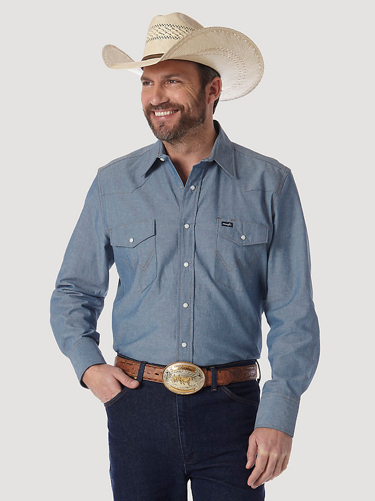 Cowboy Cut® Firm Finish Long Sleeve Western Snap Solid Work Shirt in Chambray Blue alternative view
