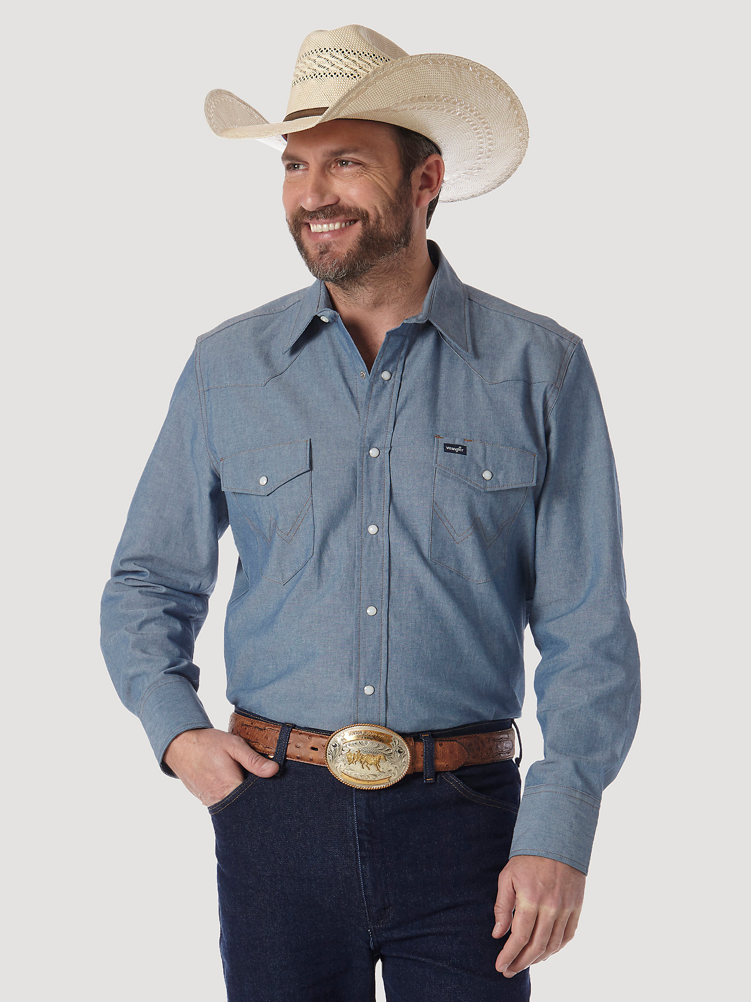 Cowboy Cut® Firm Finish Long Sleeve Western Snap Solid Work Shirt in Chambray Blue alternative view 1