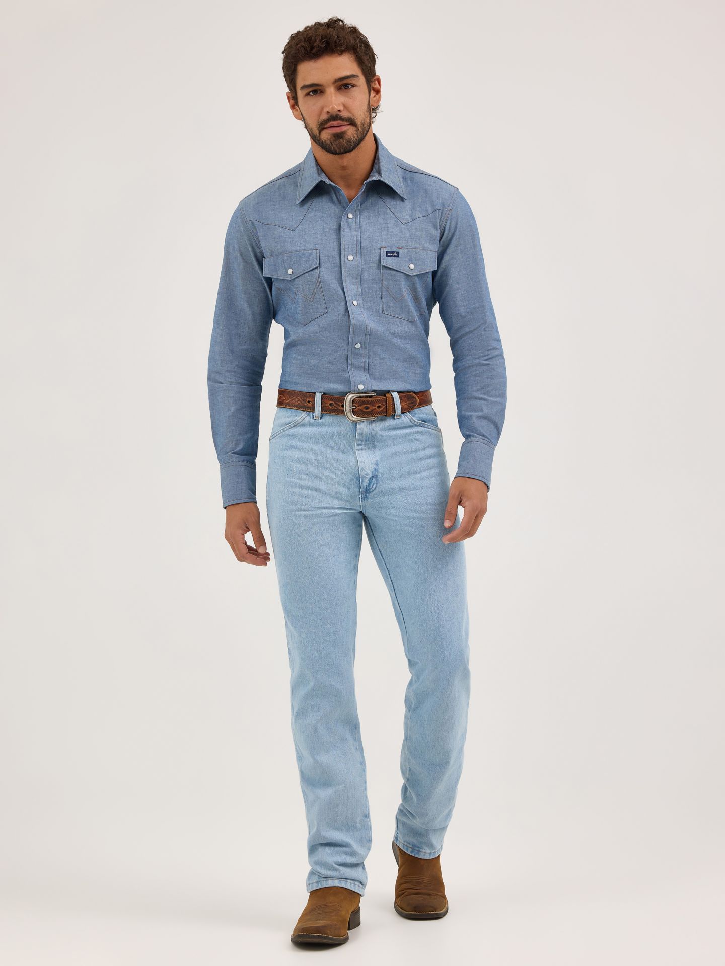 Мужская рубашка Wrangler Cowboy Cut® Long Sleeve Western Snap Chambray Work Shirt, цвет: Шамбре синий — фото 2
