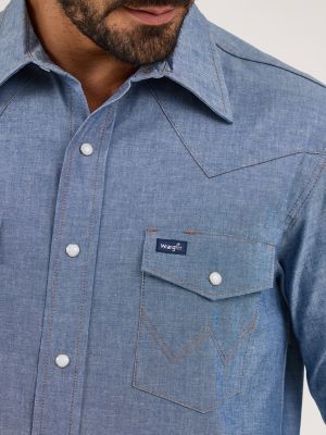 Cowboy Cut Long Sleeve Western Snap Chambray Work Shirt in Chambray Blue alternative view 3