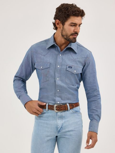Мужские рубашки Wrangler Cowboy Cut® Long Sleeve Western Snap Chambray Work Shirt