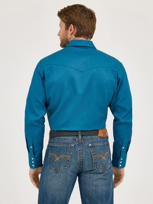 Cowboy Cut&reg; Firm Finish Long Sleeve Western Snap Solid Work Shirt in Dark Teal alternative view 2