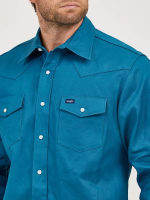 Cowboy Cut&reg; Firm Finish Long Sleeve Western Snap Solid Work Shirt in Dark Teal alternative view 4
