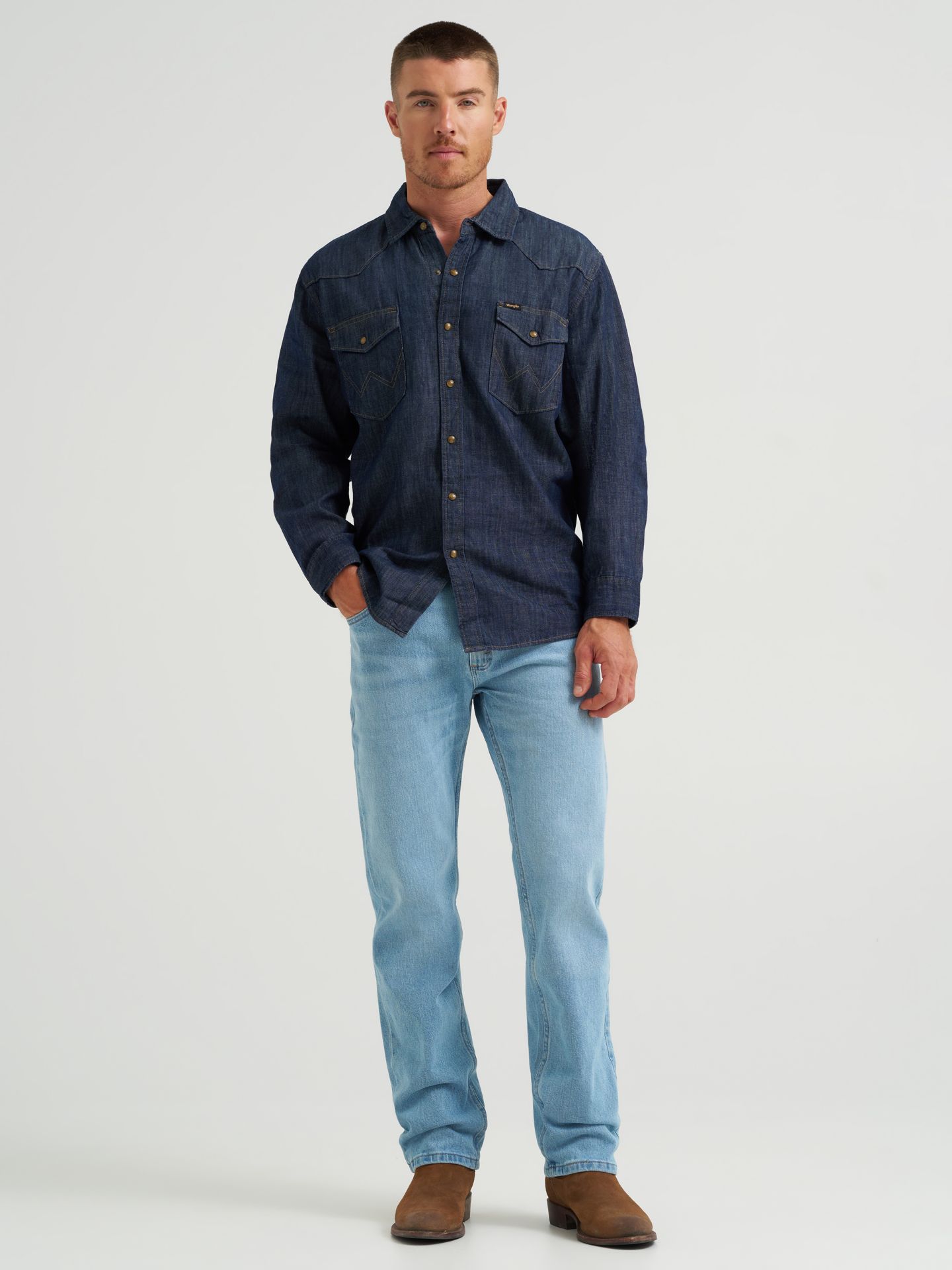 Мужская рубашка Wrangler Classic Snap Front Denim Shirt, цвет: Rinse — фото 4