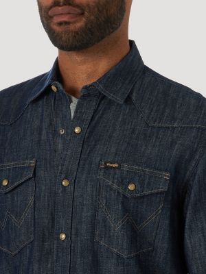 Wrangler Men's Barstow Western Shirt 2-Pocket 100% Cotton, Snap-Up Serge  Hemline