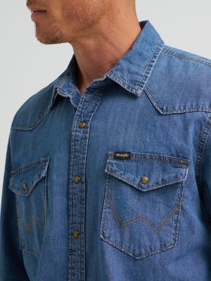 Men's Denim Western Snap Front Shirt in Mid Tint Denim alternative view 5