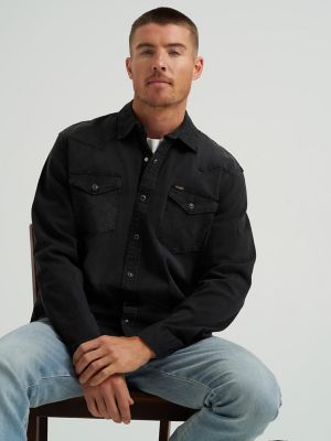 Men's Denim Western Snap Front Shirt in Black Denim
