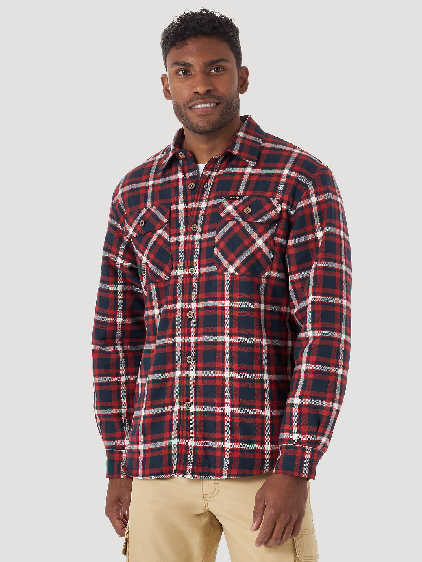 Men's Wrangler® Brushed Cotton Sherpa Lined Shirt Jacket in Navy/Red alternative view 5