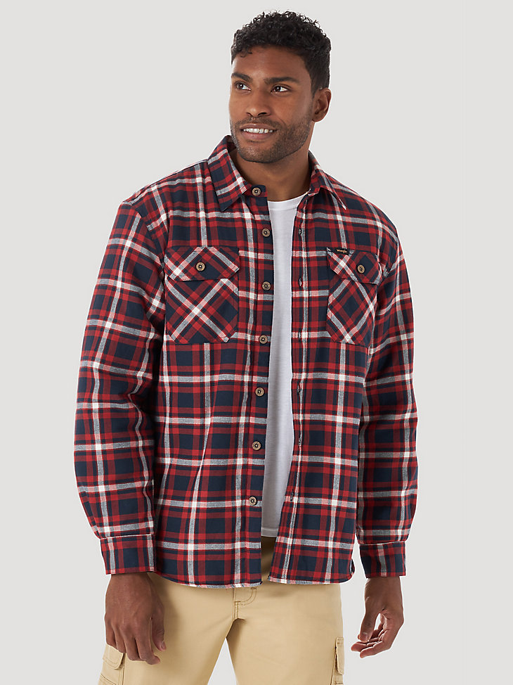 Men's Wrangler® Brushed Cotton Sherpa Lined Shirt Jacket in Navy/Red main view