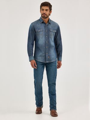 Men’s Wrangler Retro® Long Sleeve Blue Denim Western Shirt in Blue Denim