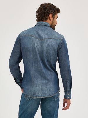 Men’s Wrangler Retro® Long Sleeve Blue Denim Western Shirt in Blue Denim