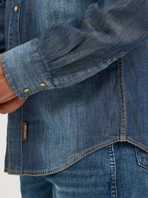Men’s Wrangler Retro® Long Sleeve Blue Denim Western Shirt in Blue Denim
