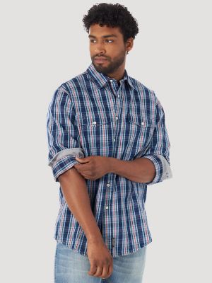 RDHOPE-Men Retro Casual Classic Plaid Long Sleeve Buttoned Cotton Shirts 