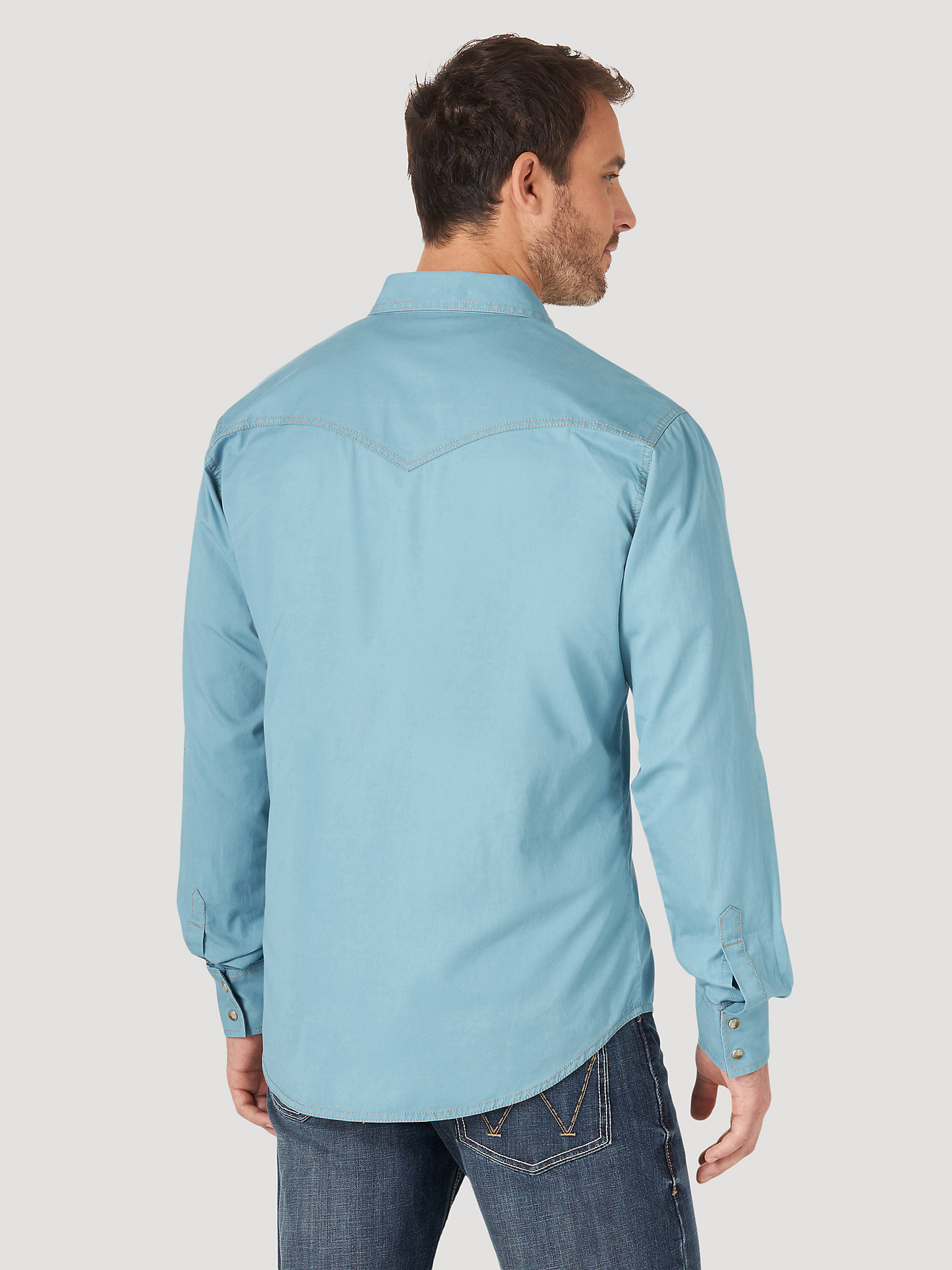 Men's Wrangler® Contrast Trim Western Two Snap Flap Pocket Shirt in Light Blue alternative view 1