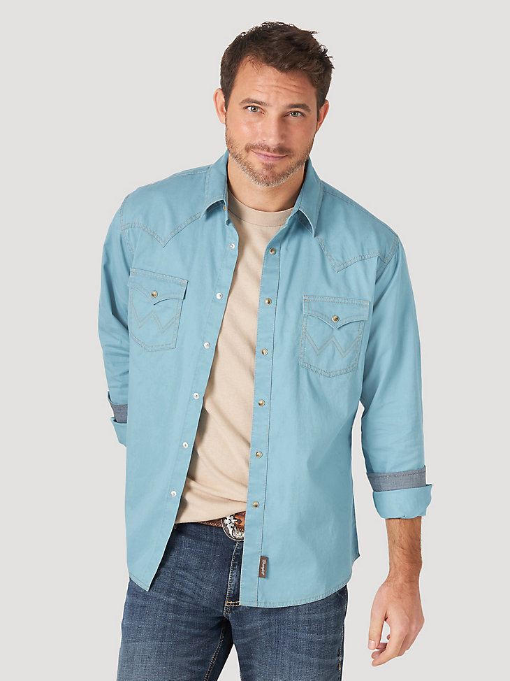 Men's Wrangler® Contrast Trim Western Two Snap Flap Pocket Shirt in Light Blue main view