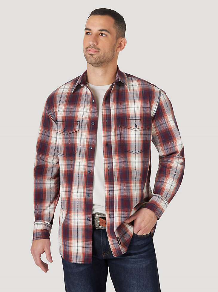 Men's Wrangler Retro® Long Sleeve Button-Down Plaid Shirt in Burgundy main view