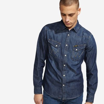 mens wrangler long sleeve denim shirt