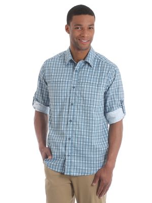 Men's Wicking Roll Tab Sleeve Button Down Utility Plaid Shirt Mens