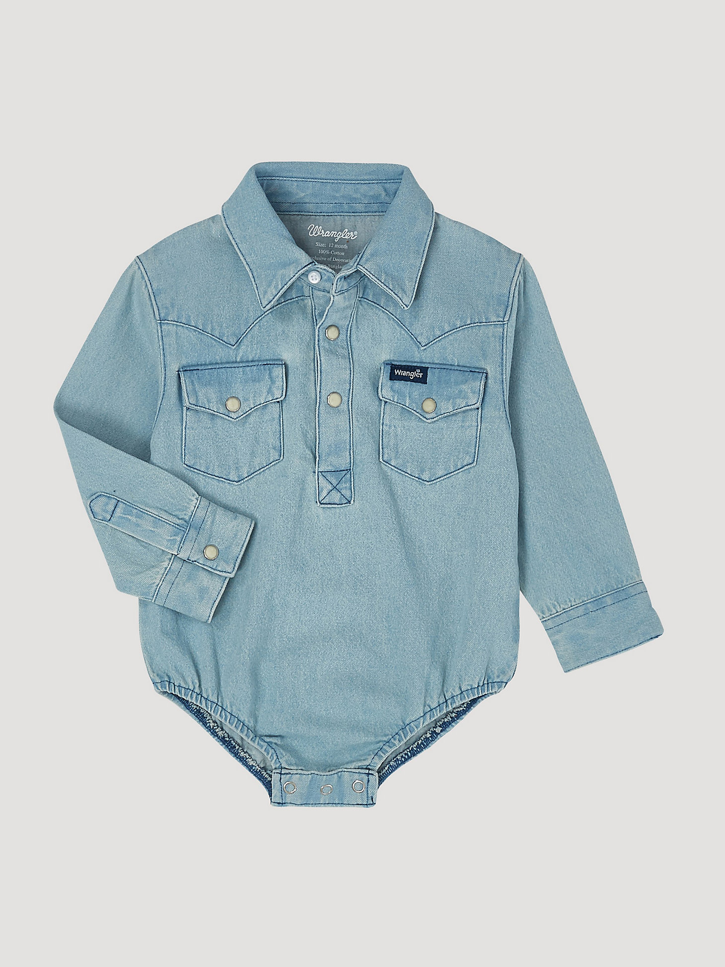Baby Boy Long Sleeve Denim Bodysuit with Western Snap Placket in Faded Blue main view