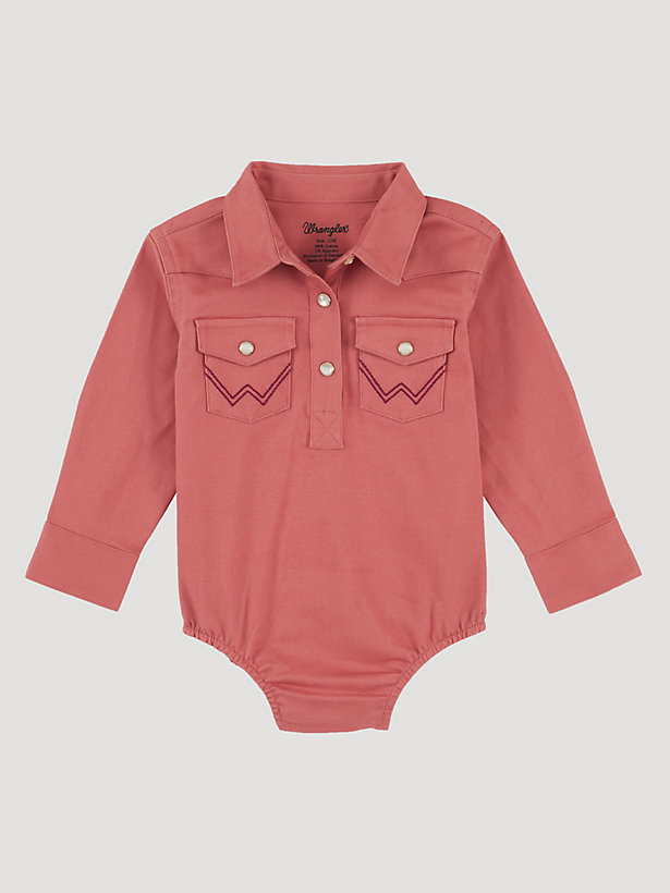 Baby Girl Long Sleeve Solid Bodysuit with Embroidered Back Yoke