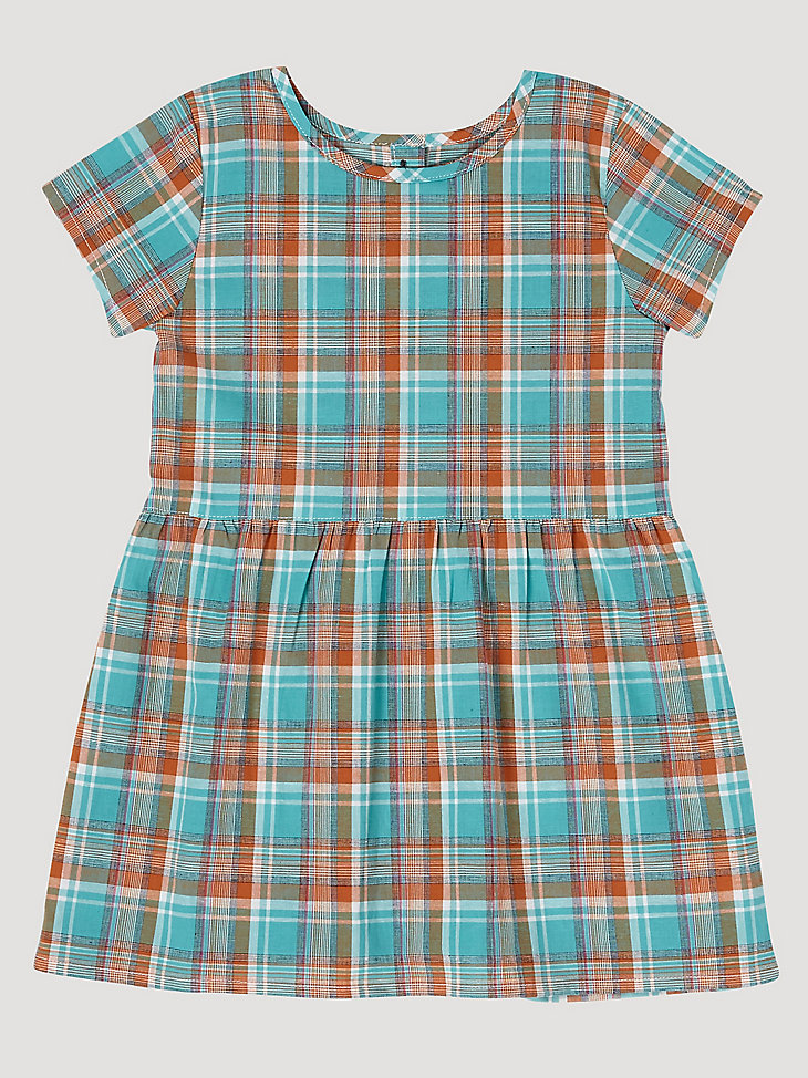 Baby Girl Short Sleeve Plaid Button-Back Dress in Turquoise main view
