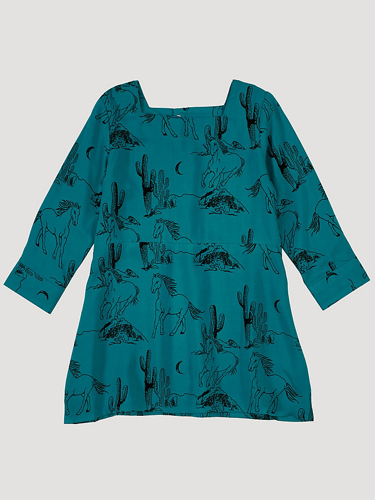 Baby Girl Three Quarter Sleeve Horse Print Dress in Teal main view